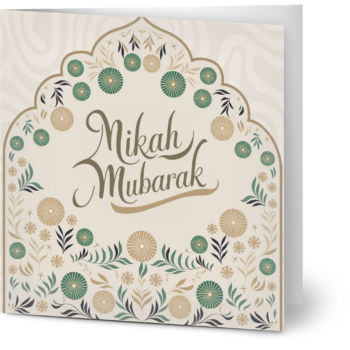 Nikah Mubarak kort med islamsk design og kalligrafi, dekorert med blomster- og geometriske mønstre i grønn, gull og svart på kremfarget bakgrunn.