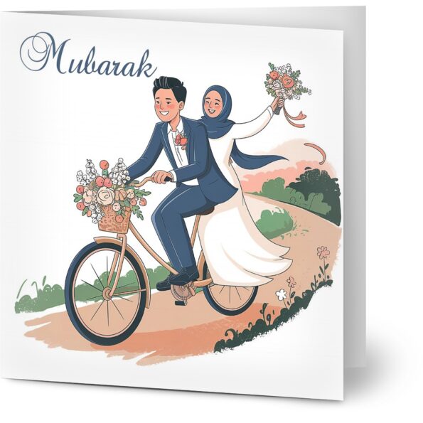 Nikah Mubarak Kort – Romantisk Gratulasjonskort med Nygift Par på Sykkeltur