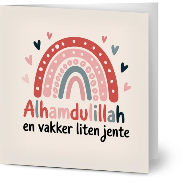 Alhamdulillah gratulasjonskort til nyfødt jente med regnbue