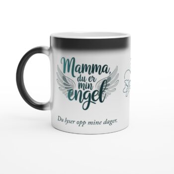 Magisk krus til mamma med teksten "Mamma, du er min engel" som avdekkes med varm drikke.